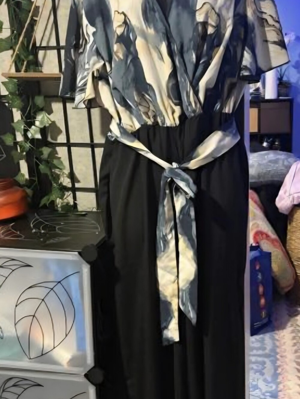 Women's Black Wide-Leg Jumpsuit‎ with Abstract Top